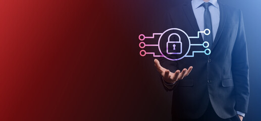 Cyber security network. Padlock icon and internet technology networking. Businessman protecting data personal information on tablet and virtual interface. Data protection privacy concept. GDPR. EU