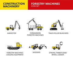 Forestry Machines machinery vehicle and transport car construction machinery icons set vector - obrazy, fototapety, plakaty