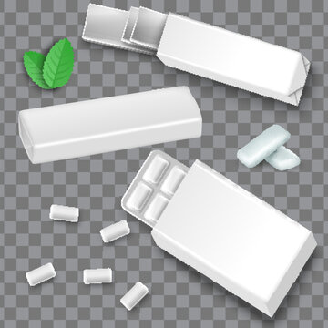 White blank bubble gum package mockup set, green mint leaves, falling bubblegums, vector isolated illustration.