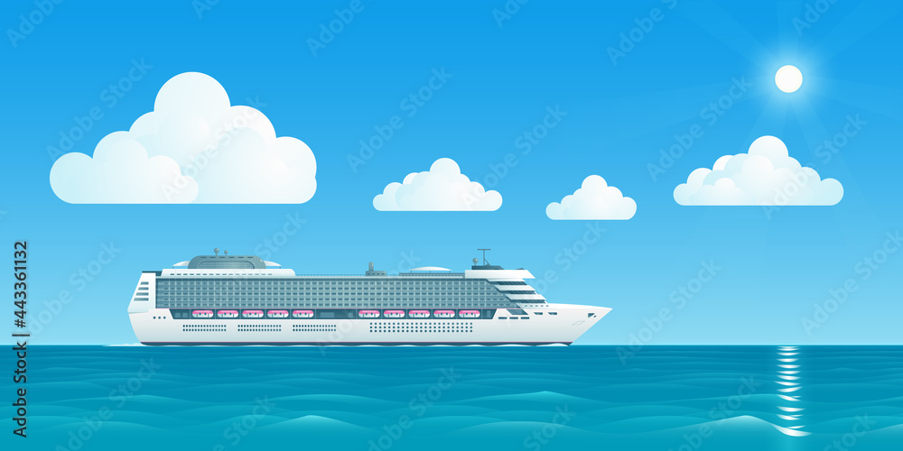 Wall mural vector illustration of a white cruise ship is floating at sea also there are white clouds and the su