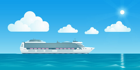 Vector illustration of a white cruise ship is floating at sea also there are white clouds and the sun in the artwork of a cruise ship travel.