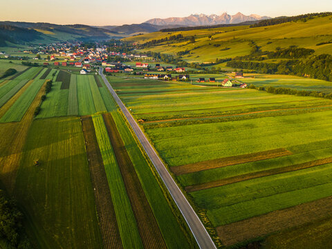 Kacwin Village in Spis Podhale, Poland. Tatra Mountains View. Aerial Drone Scenic Image