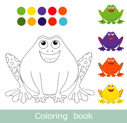 Coloring book page. Cartoon frog colorful template. Vector animal characters  isolated on white. Frog isolated contour. For coloring book page. Cartoon kids animals coloring book.Children game.