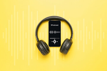 Podcast icon. Audio equipment with microphone, sound headphones, podcast application on mobile...