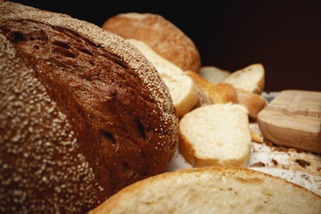 Cut bread assortment for a background, close up