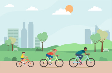 Naklejka premium Active family riding on bicycles in the park ,Vector illustration.