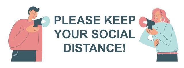Keep social distance vector poster template. People with megaphones. Covid-19 disease spread prevention. New normal.