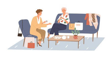 Woman talking with her girlfriend in cafe, sitting by coffee table with shopping bags. Meeting of female friends at home. Women chatting. Flat vector illustration isolated on white background
