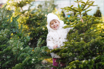 Adorable little toddler girl holding Christmas tree on market. Happy healthy baby child in winter...