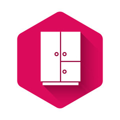 White Wardrobe icon isolated with long shadow. Pink hexagon button. Vector