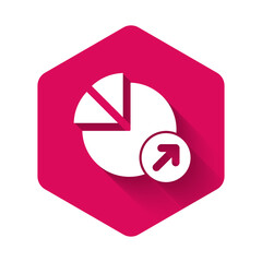 White Financial growth icon isolated with long shadow. Increasing revenue. Pink hexagon button. Vector