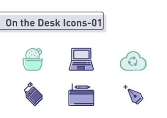 On the desk element flat line icon set isolated on white background ep01