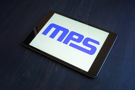 KYIV, UKRAINE - June 30, 2021. Monolithic power systems inc mps logo on the desk.