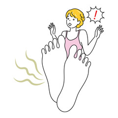 スキンケア 自分の足が臭くて驚き悲しんでいる可愛い女性 足裏のアップ イラスト ベクター Skin Care A Pretty Woman Surprised And Saddened By The Smell Of Her Own Feet Sit Cross Legged Illustration Vector Adult Wall Mural Adu みやもとかずみ