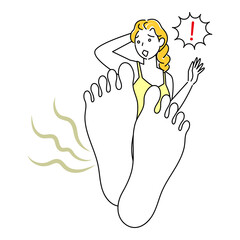 スキンケア 自分の足が臭くて驚き悲しんでいる可愛い女性 足裏のアップ イラスト ベクター