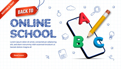Hand drawn design back to school concept with editable text effect. Landing page online school with 3d pencil, alphabet and smartphone.