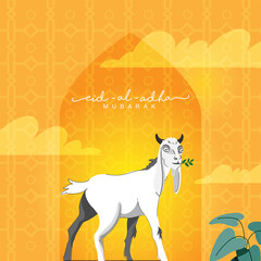 Islamic Festival of Sacrifice, Eid-Ul-Adha Mubarak Concept with Buck against Yellow Background. 