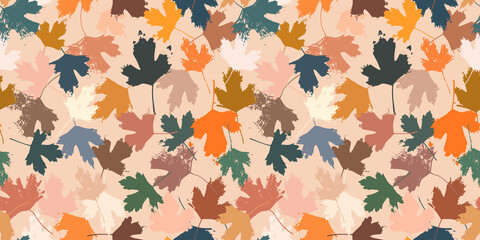 Grunge leaves pattern. Black currant leaf. Abstract foliage fabric design. Autumn leaves pastel colors background. Currant bush berry.