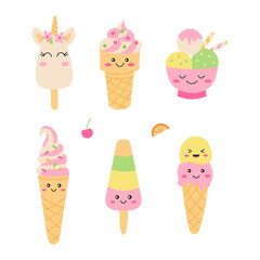 Cute ice cream set. Kawaii cartoon style. Funny smile faces. Perfect for stickers or baby prints. Summer vector illustration.