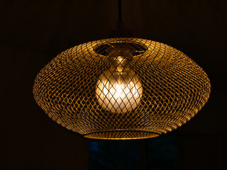 Side view of ceiling lamp with metal grid and illuminated bulb