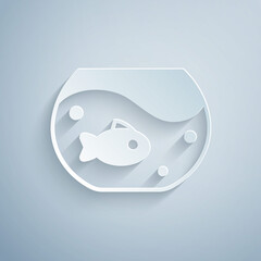 Naklejka premium Paper cut Aquarium with fish icon isolated on grey background. Round glass aquarium. Aquarium for home and pets. Paper art style. Vector