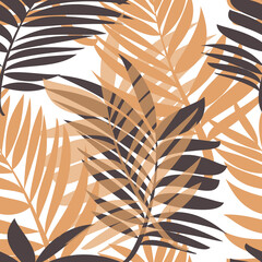 Tropical palm leaves. Seamless modern pattern with exotic plants for textiles, fashionable fabrics, bed linen, decorative pillows, photo wallpaper, interior design. Beige and black. 
