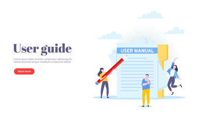 User manual guide book flat style design vector illustration. Tiny people and giant pencil working together with guide book. Specifications user guidance document.