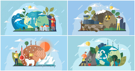 Set of illustrations about impact of human activity on environment. People use planet natural resources and try to protect Earth. Raising global temperature, climate change, ecology problems awareness - obrazy, fototapety, plakaty