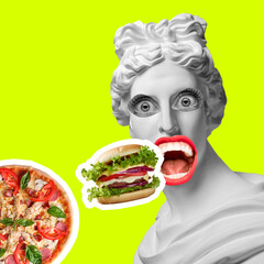 Contemporary art collage and modern design. Funny, crazy mood. Concept of idea, inspiration, creativity and beauty. Composition with antique statue with a woman's mouth and burger - obrazy, fototapety, plakaty