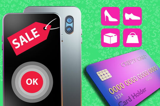 Online shopping credit card. Illustration of credit card near phone. Bank card next to smartphone. Online shopping symbols on a green background. sale logo as a metaphor for online shopping. 3d image