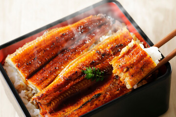 うな重　Japanese grilled eel served over rice a lacquered box - obrazy, fototapety, plakaty