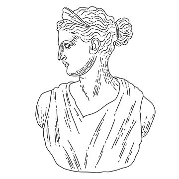 recommend clip art: Line art illustration. Greek sculpture on white background. Plaster sculpture. Raster illustration. Element for wedding invitation, design template, greeting card, pattern, textile