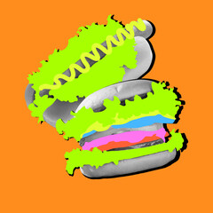 Modern design, contemporary art collage. Inspiration, idea, trendy urban magazine style. Composition with burgers in vibrant neon colors background.