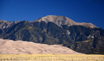 Fototapeta na wymiar sand dunes and the san juan mountain peaks on a sunny day in great sand dunes national park, colorado 
