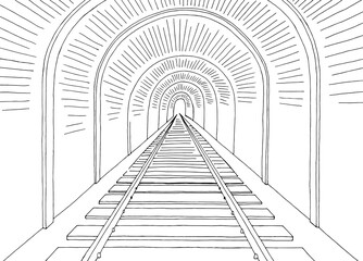 Train tunnel exit railroad graphic black white sketch illustration vector 