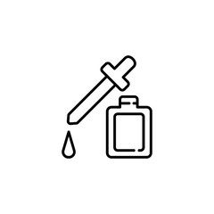 Pipette with dropp and bottle black line icon. Makeup or decorative cosmetics concept. Isolated outline symbol used for: illustration, sign, logo, app, design, web, dev, ui, ux, gui. Vector EPS 10