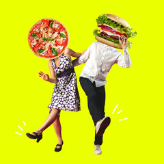 Contemporary art collage, modern design. Retro style. Couple of dancers headed with pizza and burger insted heads on yellow background