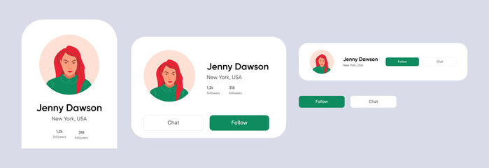 Collection of user interface elements. Profile page with avatar, buttons, number of followers. Flat design editable vector illustration