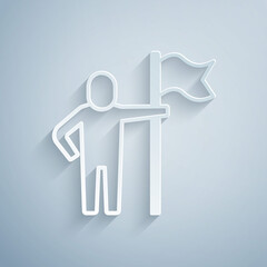 Paper cut Man holding flag icon isolated on grey background. Victory, winning and conquer adversity concept. Paper art style. Vector