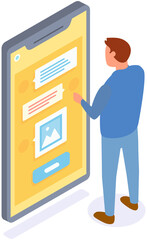 Male character uses smartphone to chat, easy message application. Man is chatting in messenger. Application for virtual communication on smartphone screen. Guy writes message and sends image