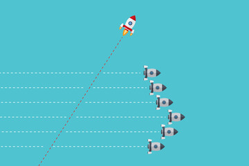 Different Approach - Different Direction. Group of rockets flying in one direction and with one individual flying in the different way, can be used leadership/individuality concepts.