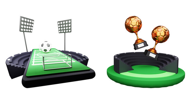 3D Render Of Football Field On Screen Of Smartphone And Two Bronze Soccer Trophy Cup On White Background.