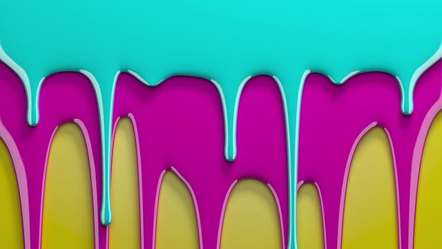 Blue and pink paint drips on yellow background. Viscous liquid flowing down the surface in streams, melting drops forming streaks. 3D animation, alpha channel as matte mask included.