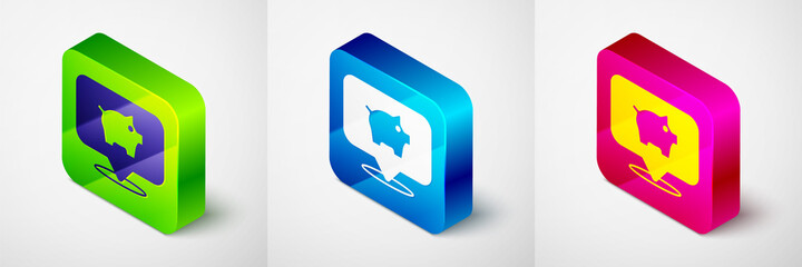 Isometric Piggy bank icon isolated on grey background. Icon saving or accumulation of money, investment. Square button. Vector