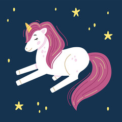 Cute unicorn with a pink mane. Vector illustration on a starry sky background. Print for t-shirt. Illustration for children.