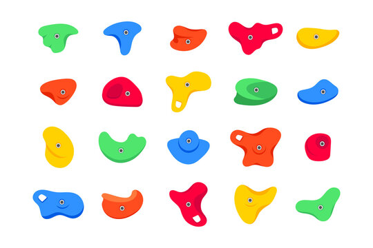 Set of climbing grips or holds in the gym bouldering training flat style design vector illustration set. Holds fot the rock climbing walls. Crimps, jugs, pinches, slopers elements icon signs.