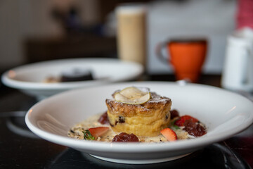 Delicious desert apple crumble cake serve on white plate