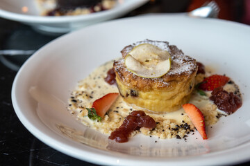 Delicious desert apple crumble cake serve on white plate
