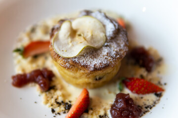 Delicious desert apple crumble cake serve on white plate