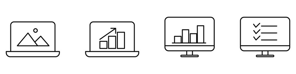 Laptop icons set. Laptop different style. collection Laptops or notebook computer. Flat and line icon - stock vector.